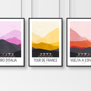 3 x Cycling Prints - Tour De France, Giro D Italia, La Vuelta, Grand Tours Cycling Posters, Italy, France, Spain