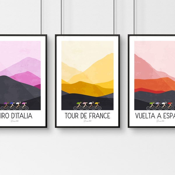 3 x Radsport-Poster - Tour De France, Giro D Italia, La Vuelta, Grand Roads Radsportposter, Italien, Frankreich, Spanien