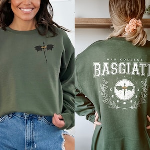 Four wing embroidered front with basgiath war college vintage print on the back of military green sweatshirt