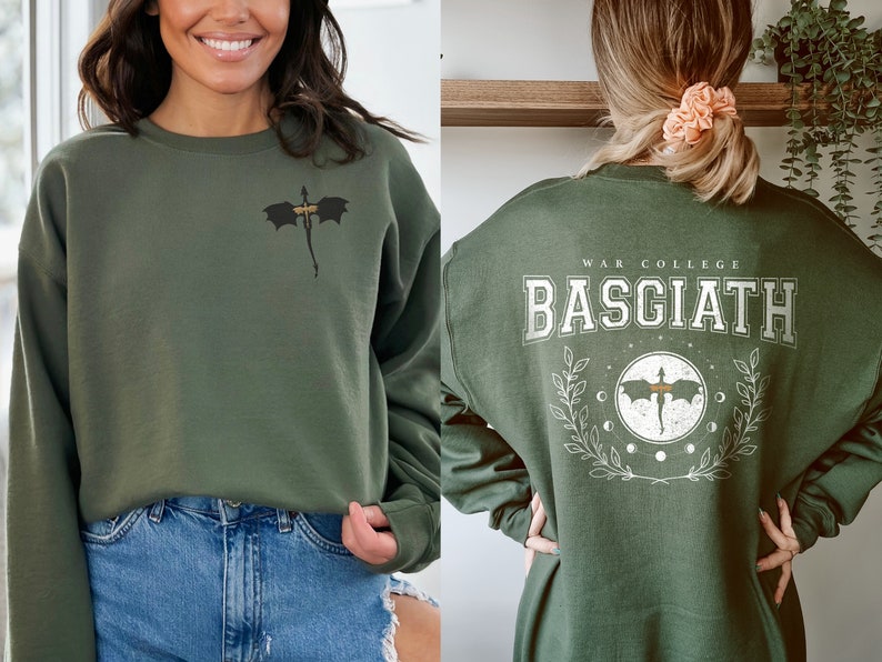 Four wing embroidered front with basgiath war college vintage print on the back of military green sweatshirt