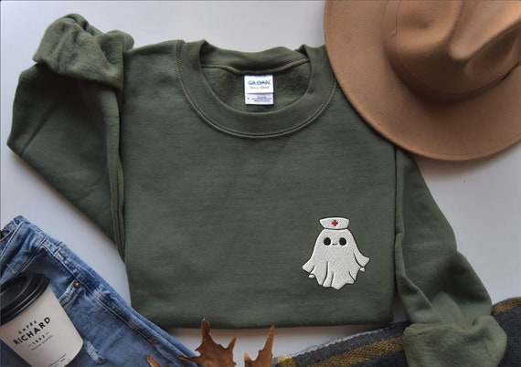EMBROIDERED Halloween Nurse Sweatshirt, Nurse Ghost, Spooky Halloween Nurse Shirt, Nurse Halloween Gifts, Halloween Party, Cute Nurse Shirt,