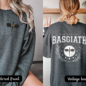Four wing embroidered front with basgiath war college vintage print on the back of dark heather sweatshirt