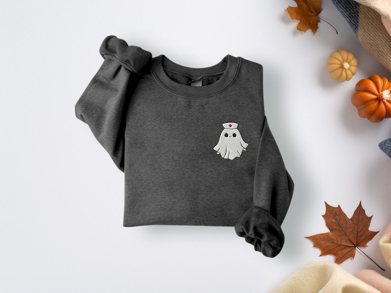 Embroidered nurse doctor ghost halloween sweatshirt in the colour dark heather