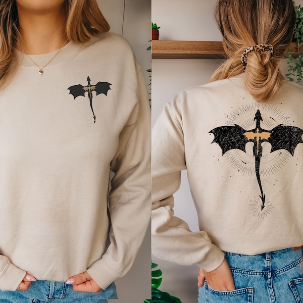 EMBROIDERED Front with Vintage Back Print Fourth Wing Dragon Rider Sweatshirt, Basgiath War college, Violet Sorrengail Xaden Riorson Bookish