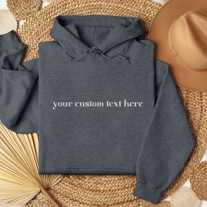 EMBROIDERED Custom Text Hoodie in dark heather, Personalized Hoodie, Personalized Gift for Bride, Custom Text Pullover, Gift For Mom