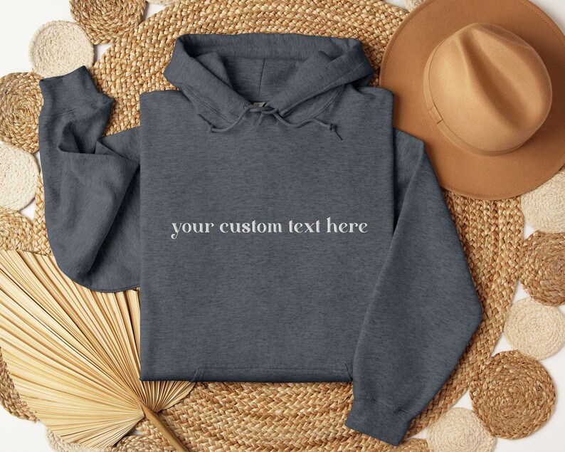 EMBROIDERED Custom Text Hoodie in dark heather, Personalized Hoodie, Personalized Gift for Bride, Custom Text Pullover, Gift For Mom