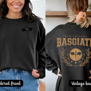 Four wing embroidered front with basgiath war college vintage print on the back of black sweatshirt