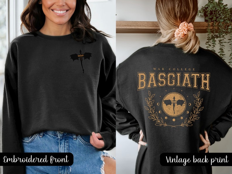 Four wing embroidered front with basgiath war college vintage print on the back of black sweatshirt