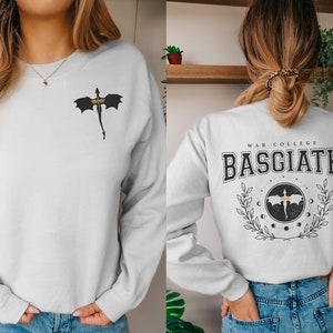 Four wing embroidered front with basgiath war college vintage print on the back of white sweatshirt