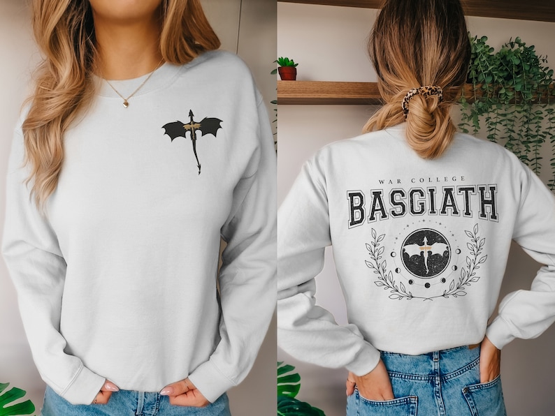 Four wing embroidered front with basgiath war college vintage print on the back of white sweatshirt