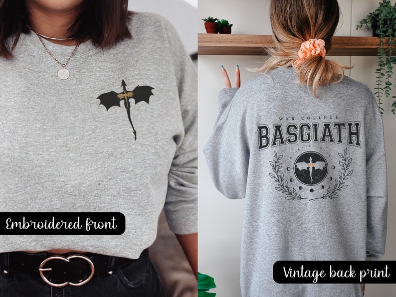 Four wing embroidered front with basgiath war college vintage print on the back of sport grey sweatshirt