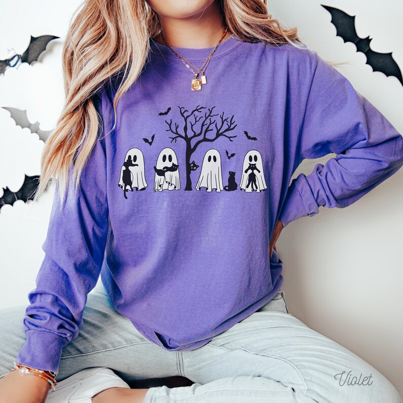 Ghost Cat Shirt, Comfort Colors® long sleeve shirt Cat Ghost T-Shirt, Cute Cat Lovers Shirt, Retro Ghost Halloween, Halloween Cat T-shirt, Spooky Season Gift