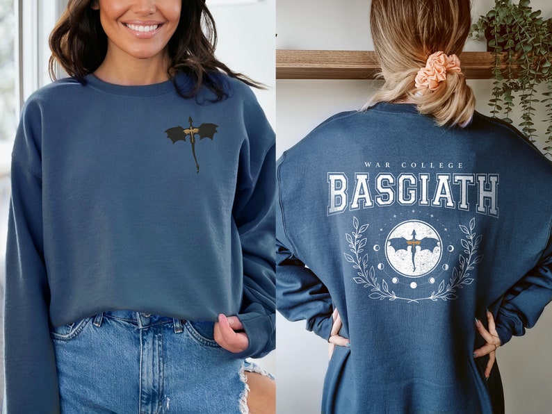 Four wing embroidered front with basgiath war college vintage print on the back of indigo blue sweatshirt