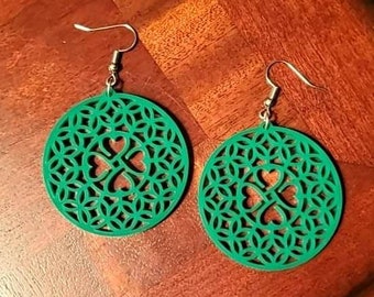 St. Patrick's Day Shamrock Dangle Earrings, Laser Cut Jewelry, Acrylic Drop Earrings, Irish Earrings, Stainless Steel Wires, Clover Earrings