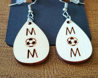 Soccer Earrings, Teardrop Shaped Soccer Earrings, Soccer Mom Earrings, Wood Soccer Earrings, Dangle Earrings, Laser Engraved