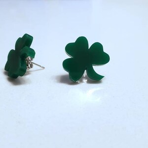 St. Patrick's Day Clover Stud Earrings, Laser Cut Jewelry, Acrylic Stud Earrings, Irish Earrings, Four Leaf Clover Celtic Earrings, St Patty image 1