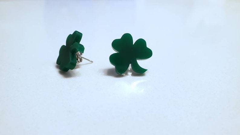 St. Patrick's Day Clover Stud Earrings, Laser Cut Jewelry, Acrylic Stud Earrings, Irish Earrings, Four Leaf Clover Celtic Earrings, St Patty image 1