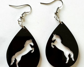 Acrylic Teardrop Horse Earrings, Black Horse Earrings, Rodeo Gift for Her, Horse Earrings, Horse Jewelry, Gift for Her under 10 20