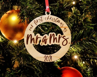 Our First Christmas as Mr and Mrs 2021 Ornament, Gift for Newlyweds, Wood Ornament, Couples Gift, Gift for Her Under 10, Stocking Stuffer