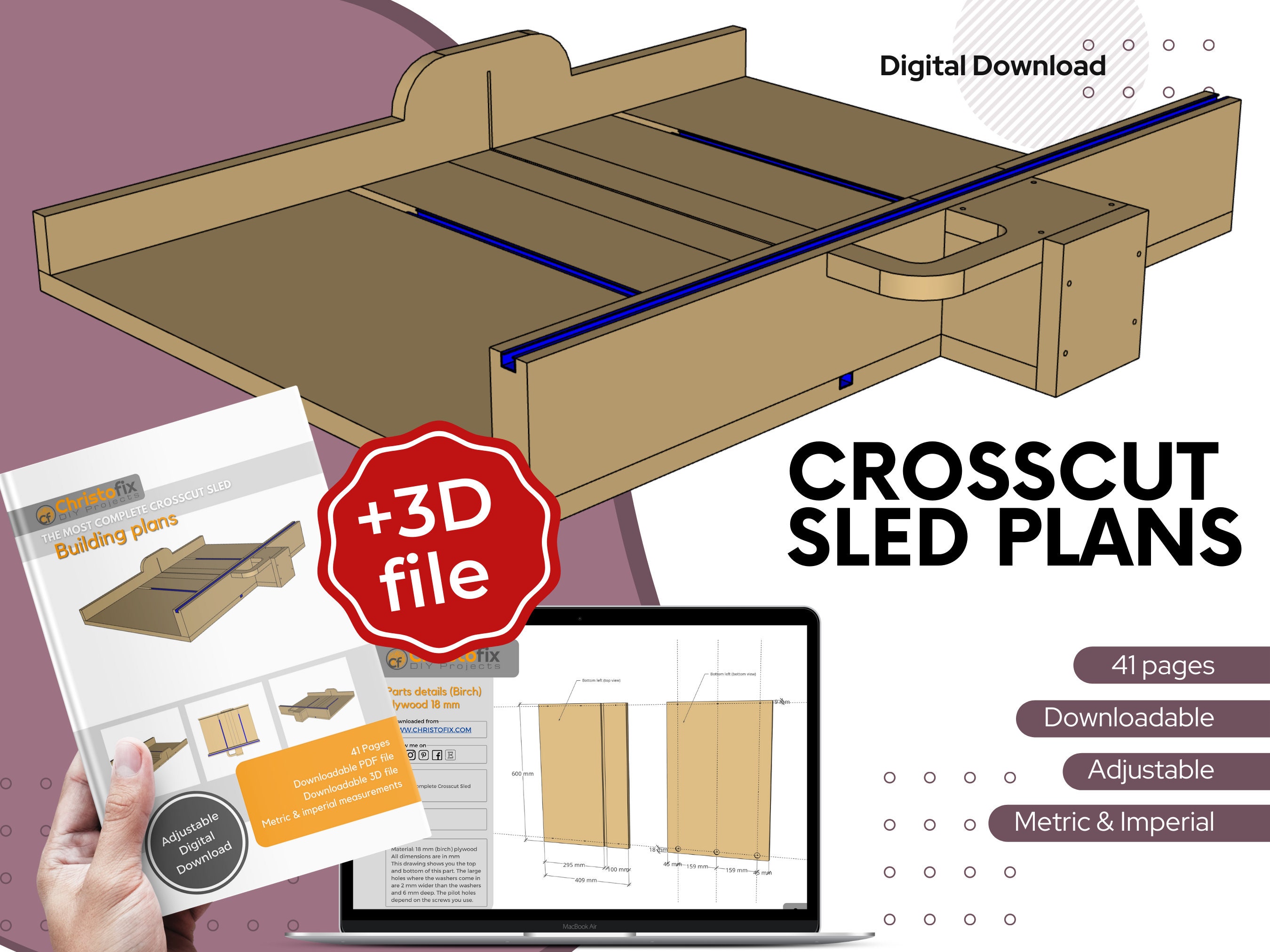 Crosscut Sled for Table Saw. Quality PDF Building Plan Adjustable 3D