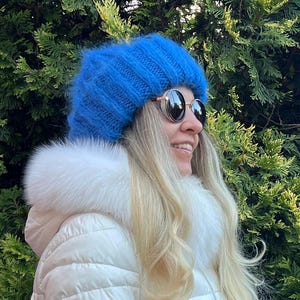 Womens mohair beanie  - Chunky knit hat in color CORNFLOWER
