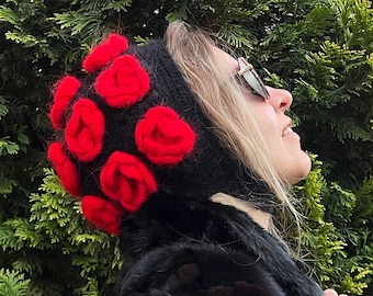 Red mohair bonnet hat - Adult knit bonnet - Winter black bonnet with flower