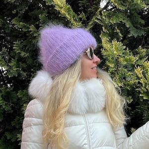 Lavender mohair double layer beanie - Chunky knit hat for women