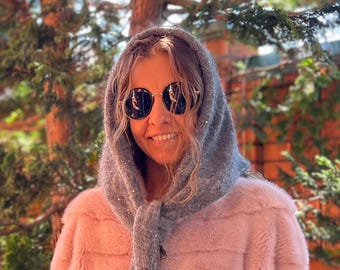 Sparkly knitted triangle kerchief - Gray angora women winter scarf