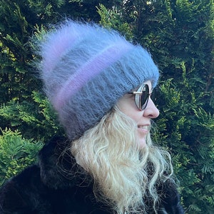 Grey mohair beanie with lavender stripped - Slouchy mohair hat for women
