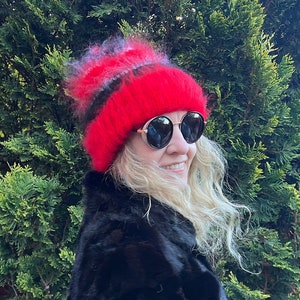 Red mohair beanie with black stripped - Slouchy mohair hat