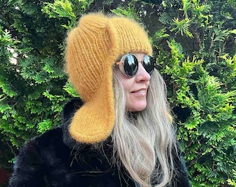 Chunky mohair beanie - Women hat with ears - Hand knit ribbed beanie - Retro hat - Ski hat for men