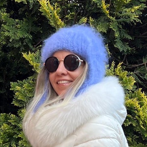 Mohair hat with ear flaps - Chunky mohair beanie in color SKY