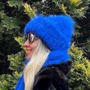 Blue chunky mohair beanie - Brushed winter hat