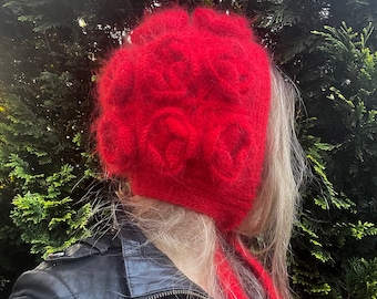 Mohair bonnet hat - Hand knit red bonnet adult