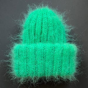Green Hat Mohair Hat Fluffy Beanie Wool Hat for Women Winter