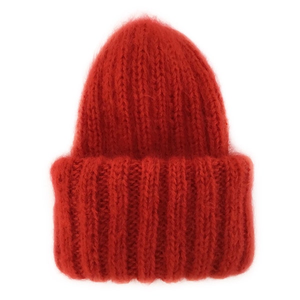 Chunky mohair hat - Red wool blend slouchy beanie
