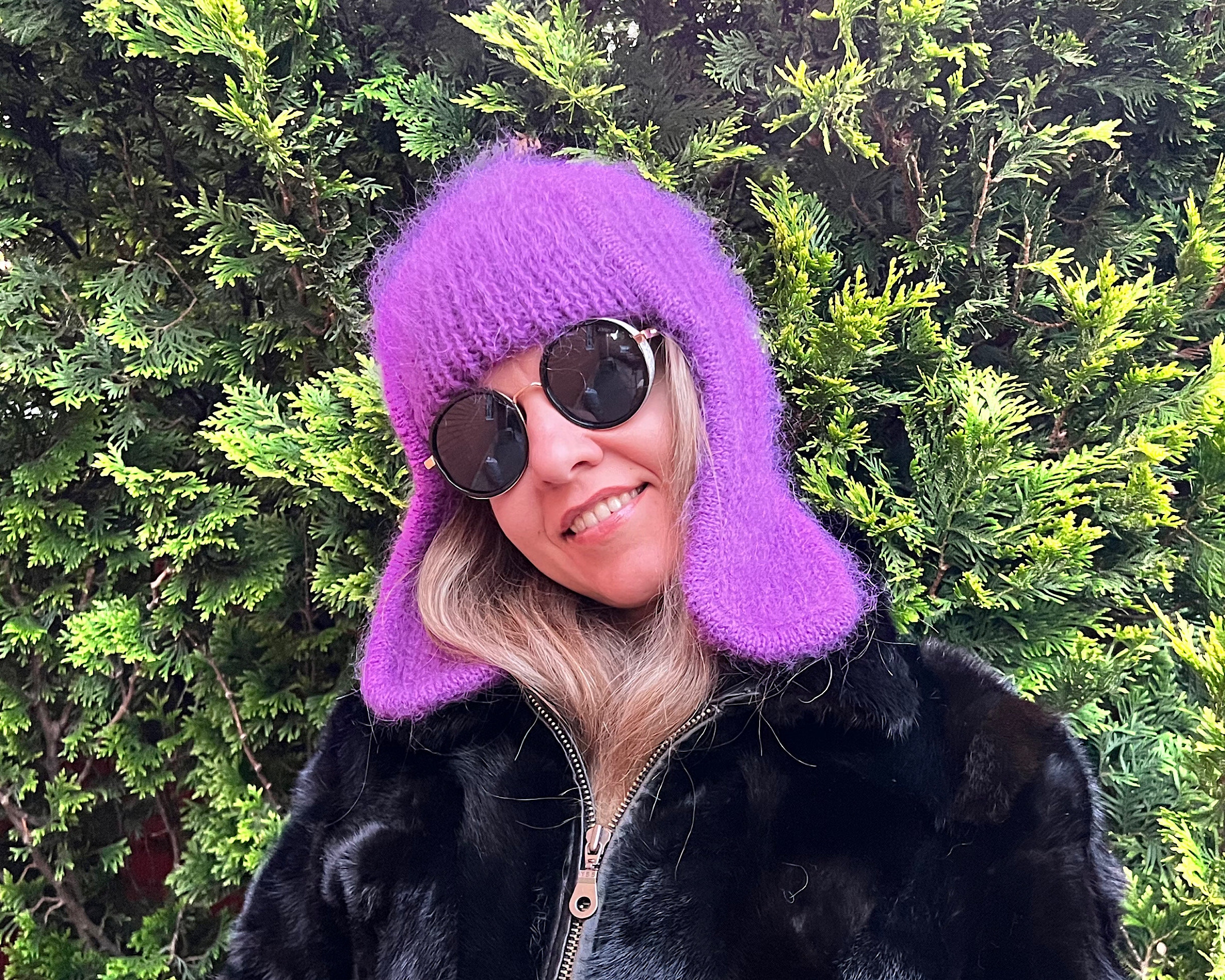 Mohair hat with ear flap in purple