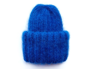 Royal blue chunky mohair beanie hat