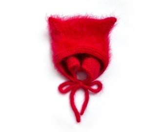 Winter Mohair Katze Ohrenhaube für Erwachsene - Farbe ROT