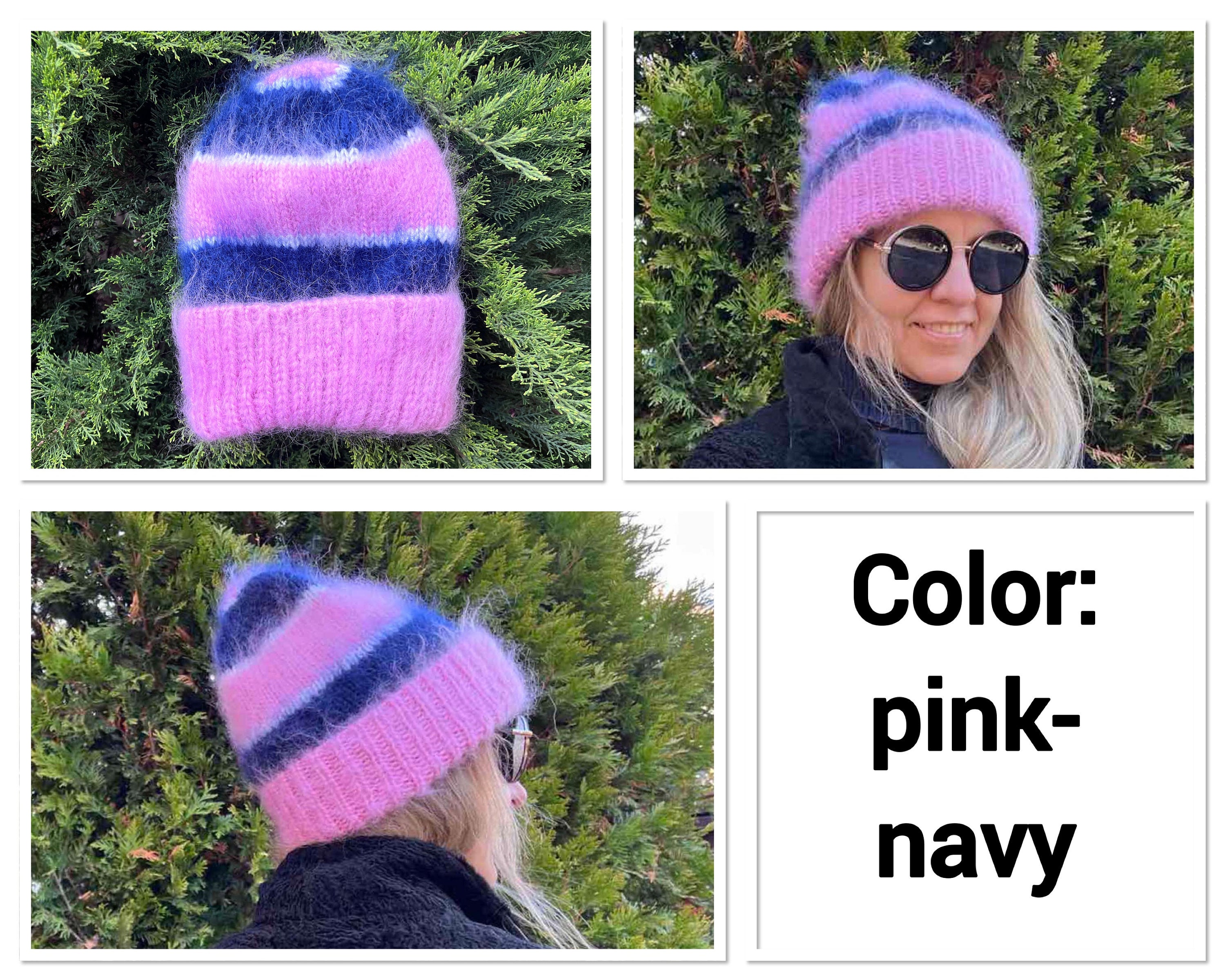 Handknitted With Italian Mohair Blue and Orangie Pink Striped Women\'s Beanie Striped Beanie Pattern Mohair - Etsy main image 3
