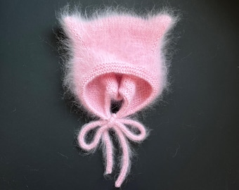 モヘアの猫帽子 - ピンク色の大人用ニットボンネット - Etsy 日本