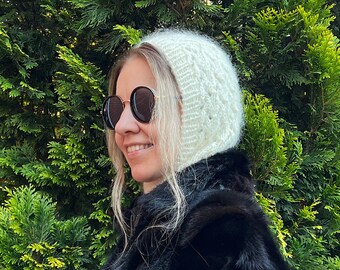 Passamontagna in mohair - Cappuccio in maglia da donna - Cappello in mohair CREMA lavorato a maglia grossa
