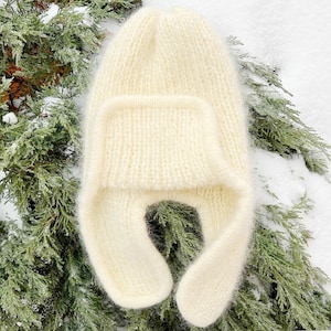 Mohair hat with ear flaps - Winter chunky beanie - Hand knit women hat