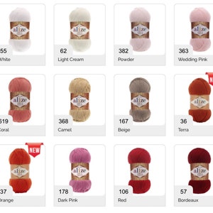 Puede incluir: Carta de colores de hilo Aliz&eacute; Diva con 12 ovillos de hilo en varios colores, incluyendo blanco, crema claro, polvo, rosa pastel, coral, camel, beige, terra, naranja, rosa oscuro, rojo y burdeos.