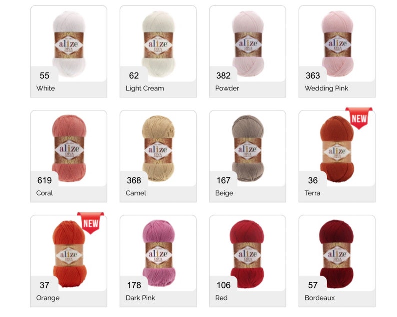 Puede incluir: Carta de colores de hilo Aliz&eacute; Diva con 12 ovillos de hilo en varios colores, incluyendo blanco, crema claro, polvo, rosa pastel, coral, camel, beige, terra, naranja, rosa oscuro, rojo y burdeos.