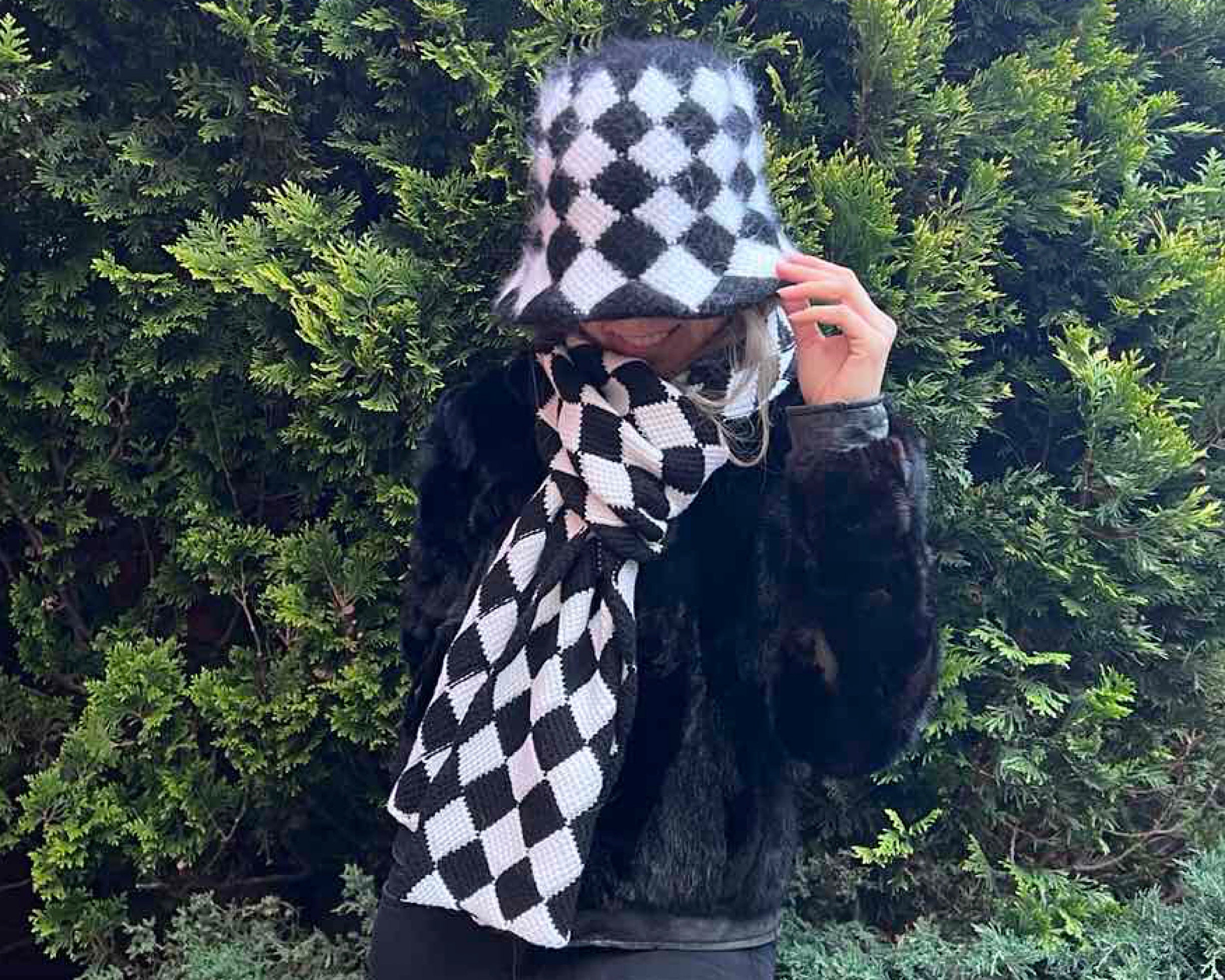 Mohair Bucket Hat - Custom Mohair Hat - Chechered Black and 