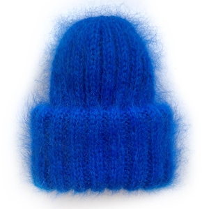 Blue chunky mohair beanie hat