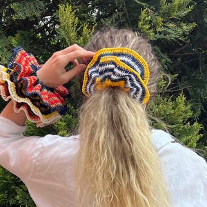 Oversized raffia scrunchies • Striped crochet scrunchies • Color SUMMER BREEZE