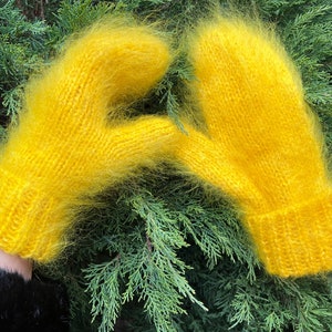 Mohair mittens for women - Hand knit yellow mittens