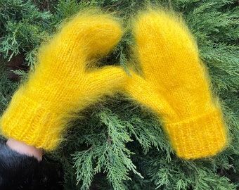 Mohair mittens for women - Hand knit yellow mittens